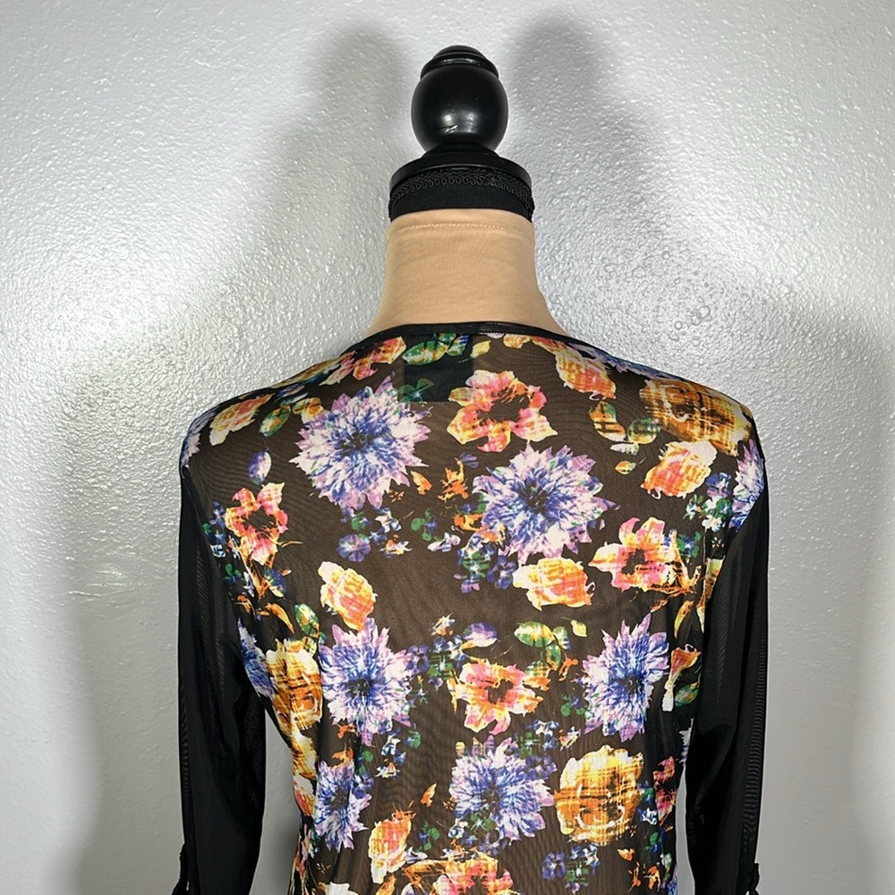 Sheer Mesh floral print drawstring top sz S | whimsigoth feminine grunge Y2K - Picture 5 of 10